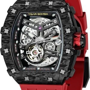 TSAR BOMBA Men's Automatic Watch Tonneau Luxury Skeleton Watches for Men Mechanical 50M Waterproof Analogue Watches Mens Unique Cool Square Big Face Dial Wristwatch with Silicone Strap Band