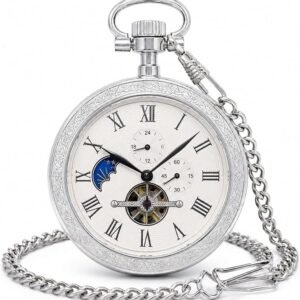 Vintage Mechanical Pocket Watch for Men with Chain, Hand-Wind, Silver