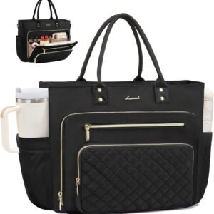 LOVEVOOK Teacher Tote Bag for Women Work, Laptop Bag Work Tote Bag Nurse Bags With Large Cup Holder, Professional Computer Briefcase Business Large Purses Handbag, Diaper Bag Mother Gift, Black